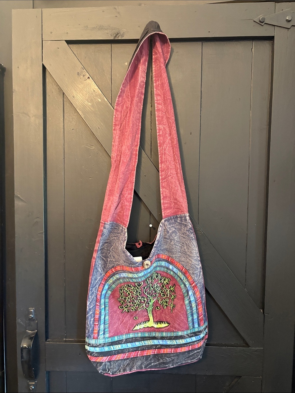 Boho Tree Embroidery Shoulder Bag in Pink and Blue